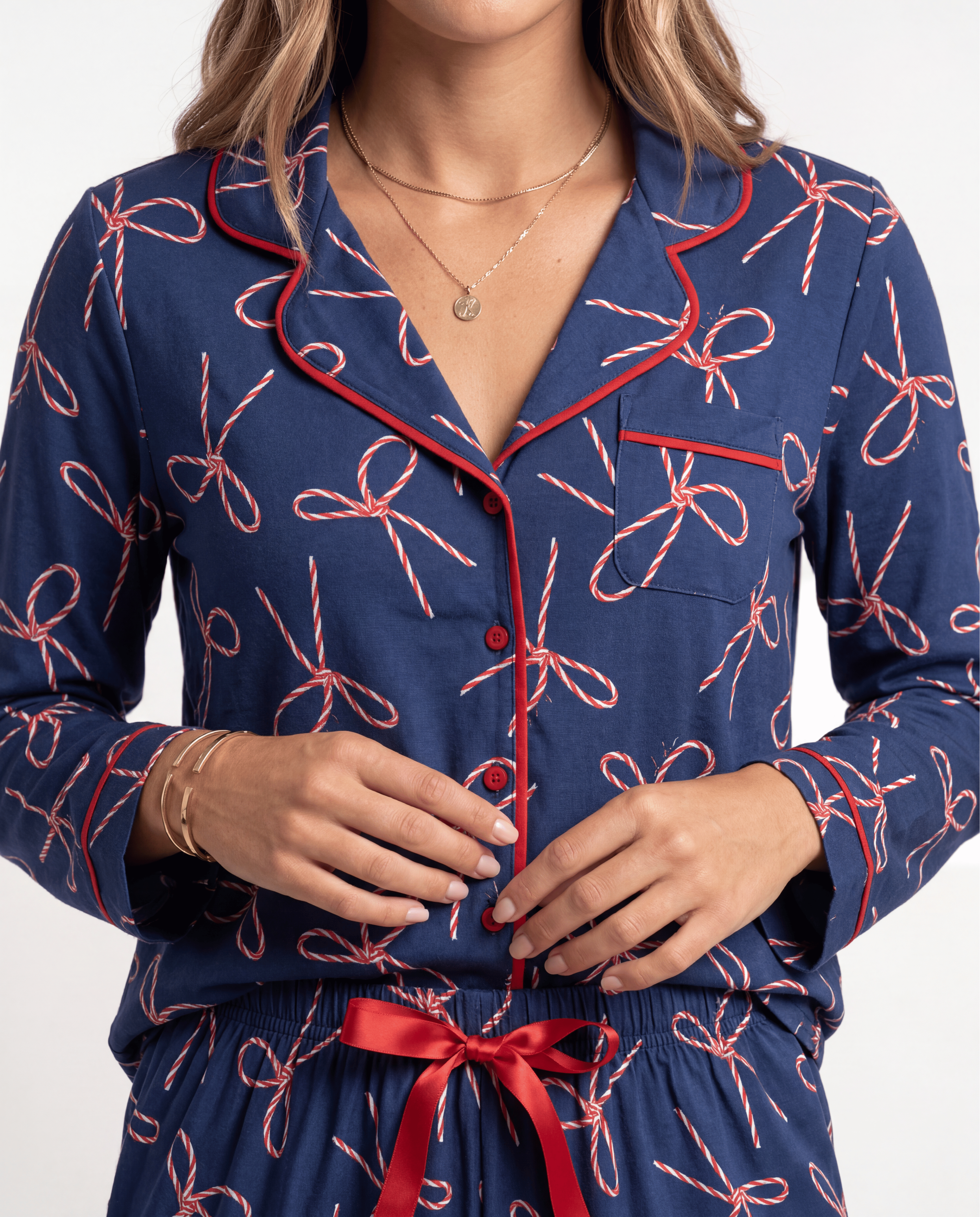 Pijama Longo Feminino Madame Bela Natalino Estampa Enfeites Fundo Azul