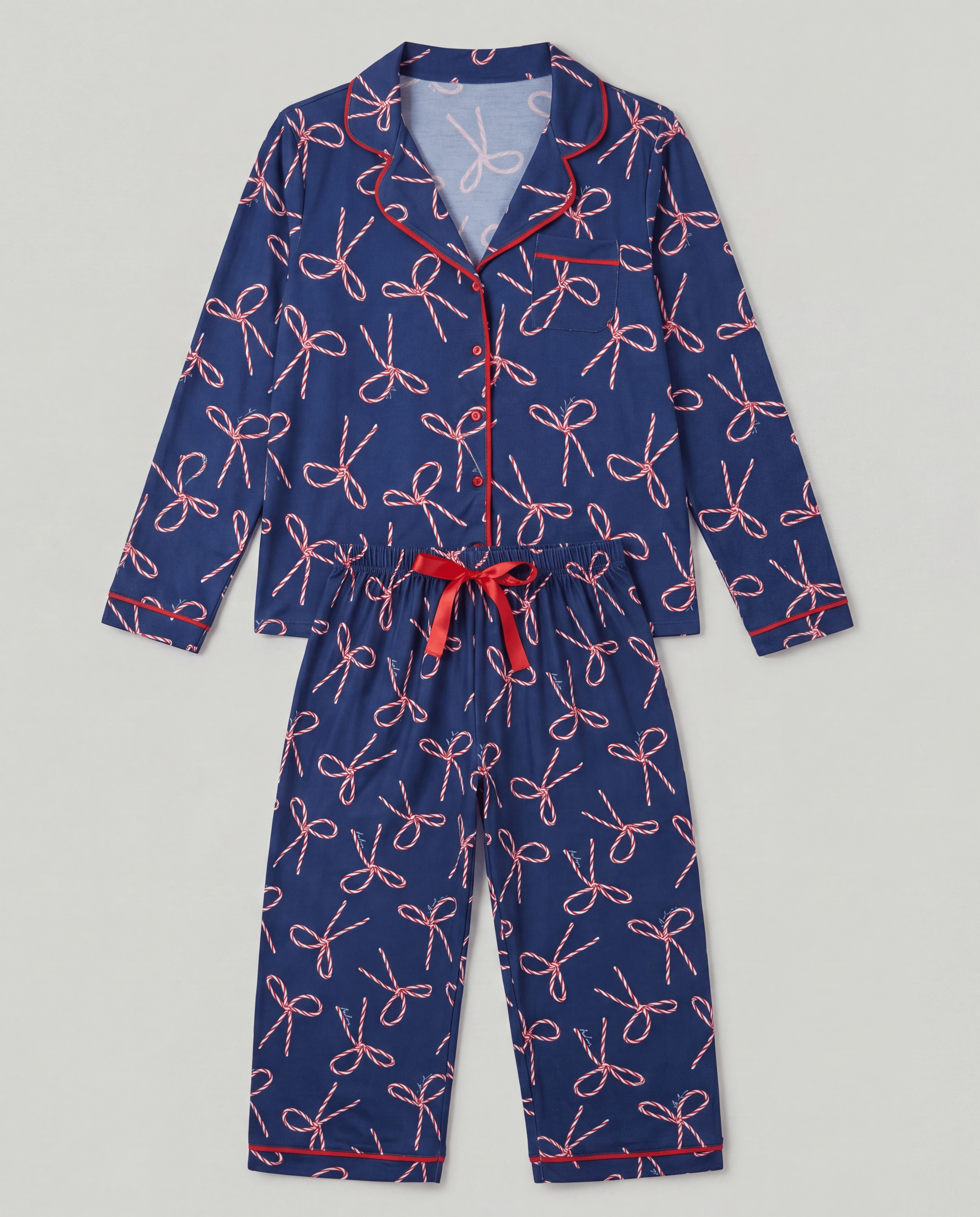 Pijama Longo Feminino Madame Bela Natalino Estampa Enfeites Fundo Azul