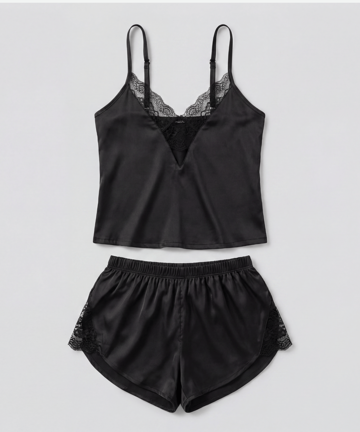 Pijama Feminino Madame Bela Blusa e Short em Cetim com Renda Cor Preta