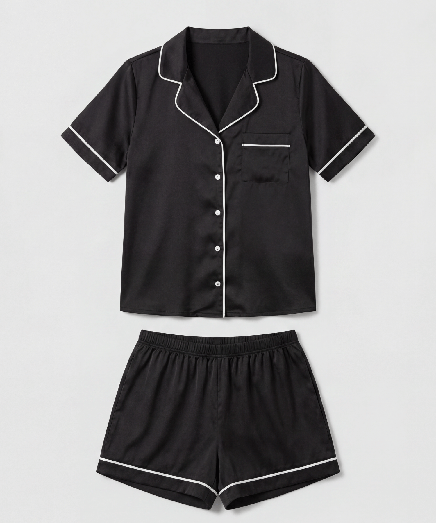 Pijama Americano Feminino Madame Bela com Botões Cor Preta e Detalhes Brancos