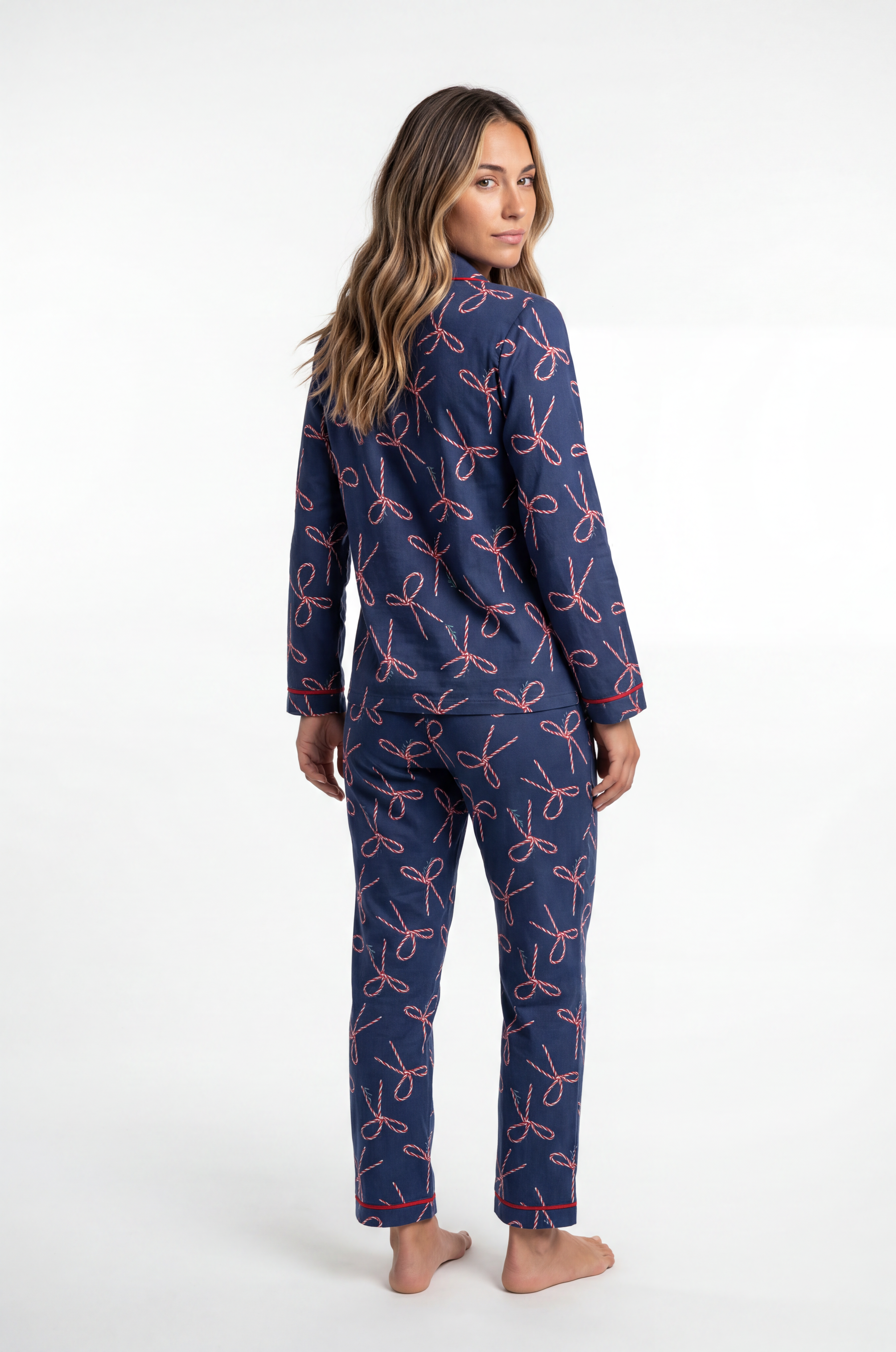 Pijama Longo Feminino Madame Bela Natalino Estampa Enfeites Fundo Azul