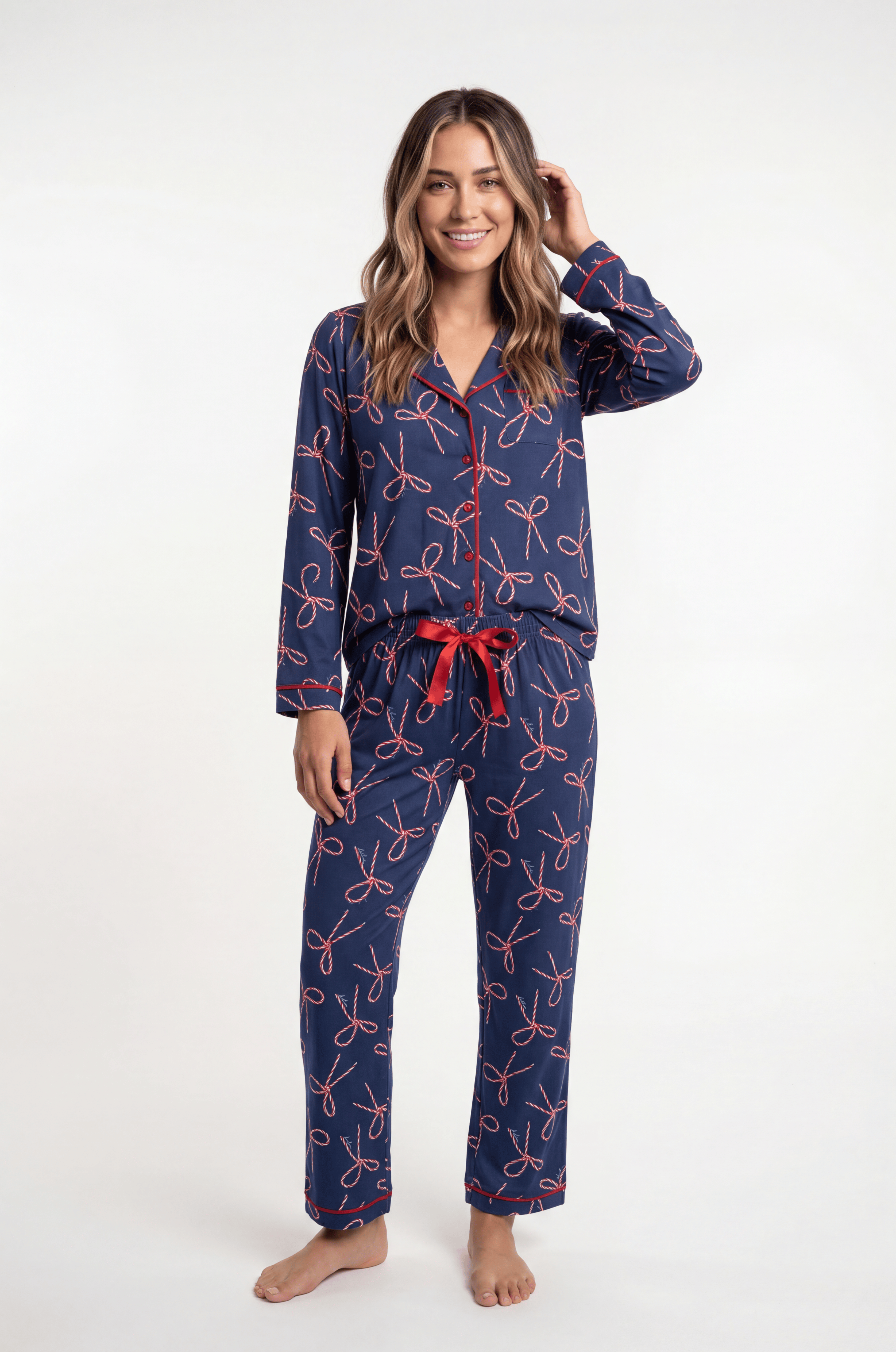 Pijama Longo Feminino Madame Bela Natalino Estampa Enfeites Fundo Azul